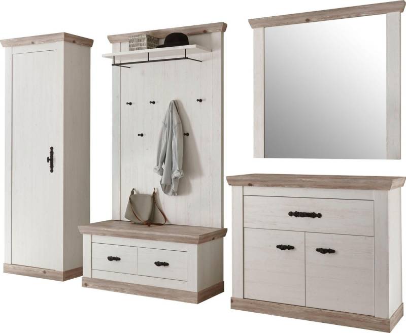 Home affaire Garderoben-Set Florenz, (5-St., 6 tlg. mit Kissen), bestehend aus Bank, Paneel, Spiegel, Kommode und Garderobenschrank von Home affaire