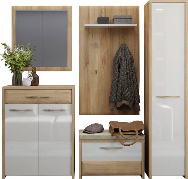 Home affaire Garderoben-Set Gala, (Set, 5-St., Garderobenschrank,Schuhschrank,Schuhbank,Garderobenpaneel,Wandspiegel), Soft-Close Funktion, Hochglanz UV lackiert von Home affaire
