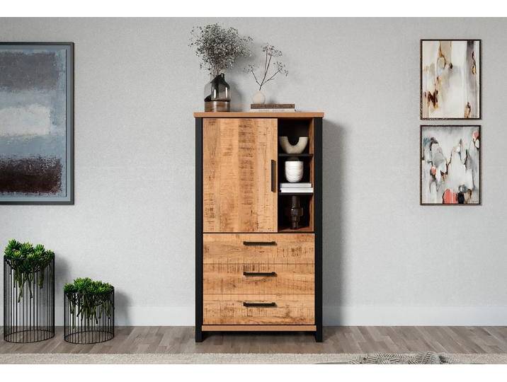 Home affaire Highboard Elda (1 St), Vitrine mit 1 Tür & 3 Schubladen mit Vollauszug – (B/T/H) 87/45/155 cm, braun schwarz von Home-affaire