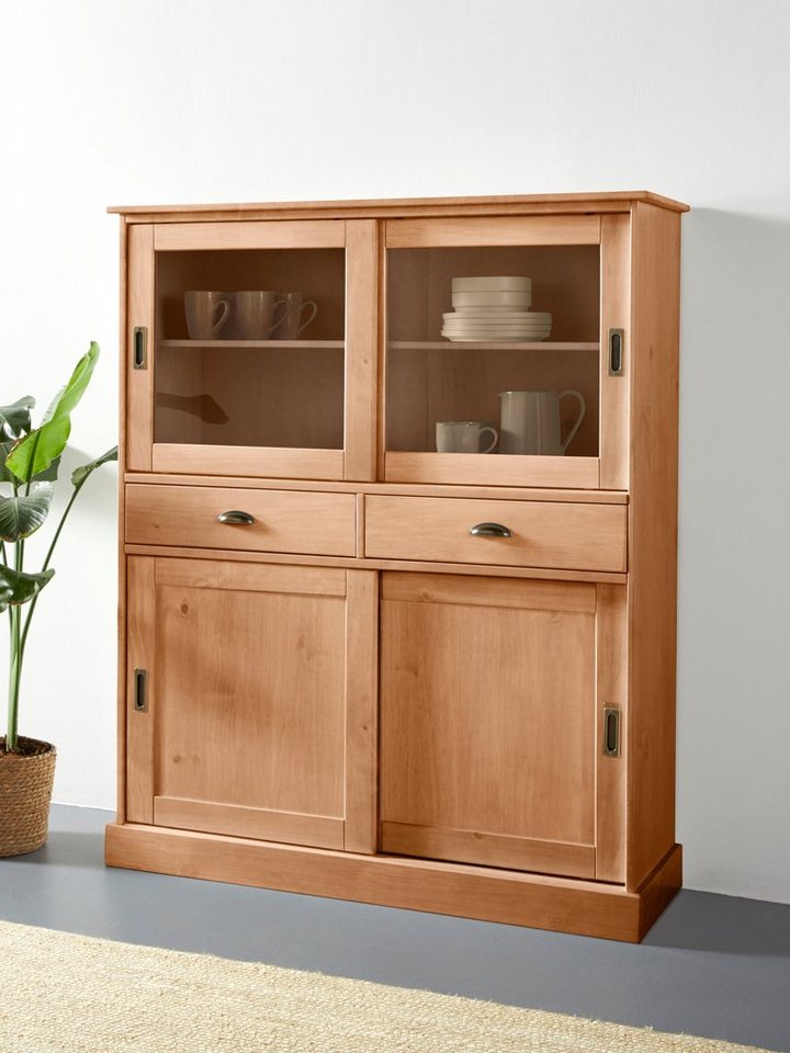 Home affaire Highboard Schröder, mit 2 Glas- u. 2 Holztüren, 2 Schubkasten, aus massivem Kiefernholz von Home affaire