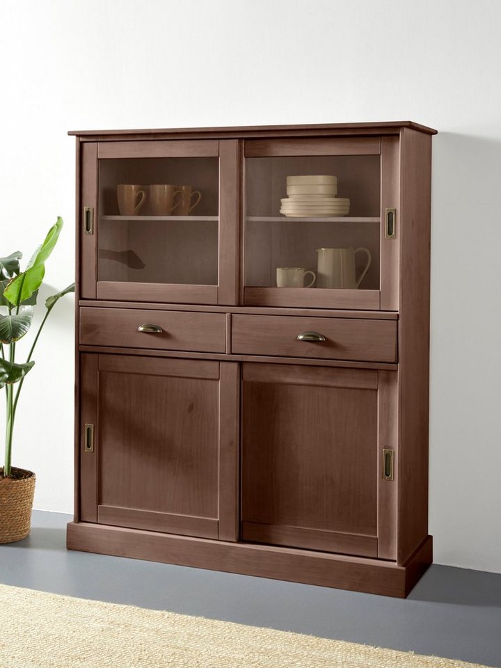 Home affaire Highboard Schröder, mit 2 Glas- u. 2 Holztüren, 2 Schubkasten, aus massivem Kiefernholz von Home affaire