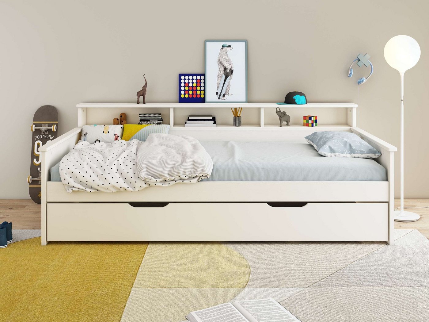 Home affaire Jugendbett KERO, Daybed, Stauraumbett, platzsparend, Stauraum, 90x200cm, zertifiziertes Massivholz, mit Ablagefächern, Schublade optional von Home affaire