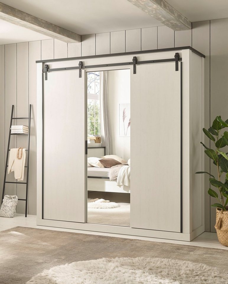 Home affaire Kleiderschrank SHERWOOD Schlafzimmerschrank mit Spiegel Wäscheschrank Schiebetüren mit Scheunentorbeschlag aus Metall, B/T/H 201/63/209cm von Home affaire