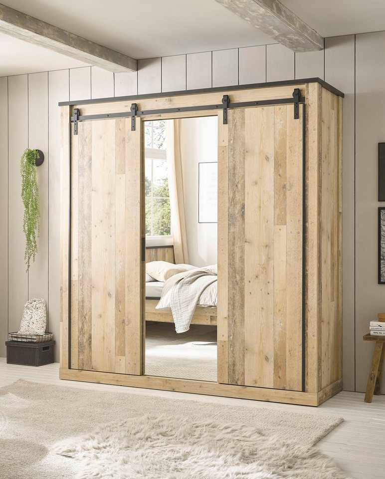 Home affaire Kleiderschrank SHERWOOD Schlafzimmerschrank mit Spiegel Wäscheschrank Schiebetüren mit Scheunentorbeschlag aus Metall, B/T/H 201/63/209cm von Home affaire