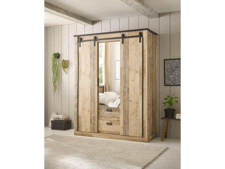 Home affaire Kleiderschrank SHERWOOD Schlafzimmerschrank mit Spiegel,2 Schubladen, Wäscheschrank Schiebetüren mit Scheunentorbeschlag aus Metall, B/T/H 161/63/209cm von Home-affaire