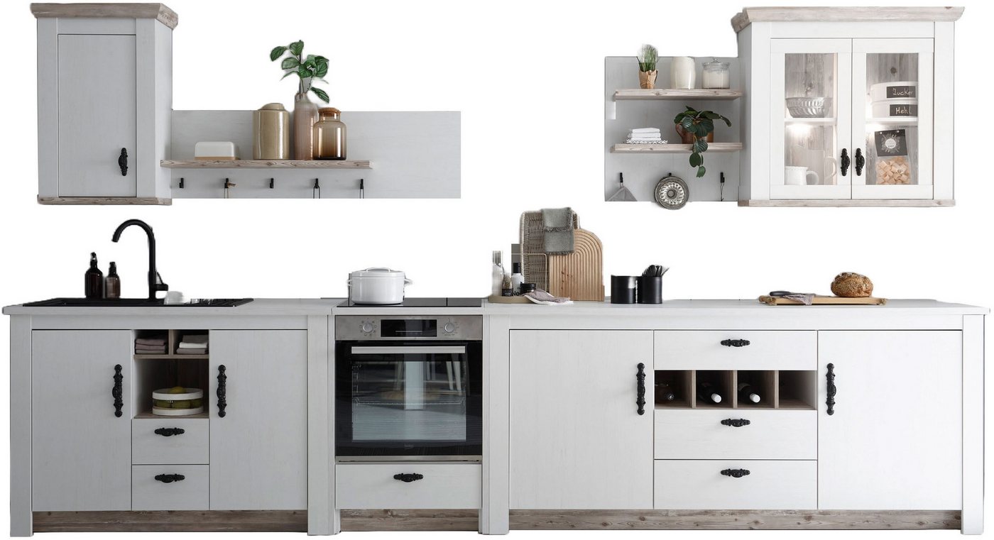 Home affaire Küchenzeile Florenz, Küche in Pinie Weiß, mit Herdumbau, ohne E-Geräte, (Set), Breite 394 cm, mit verschnörkelten Metallgriffen, Arbeitshöhe 92 cm von Home affaire
