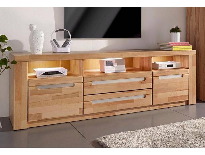 Home affaire Lowboard Kolding, Breite 180 cm mit 2 Schubkästen, braun, Holzwerkstoff eichefarben (Korpus) / Massivholz Eiche (Front) von Home-affaire