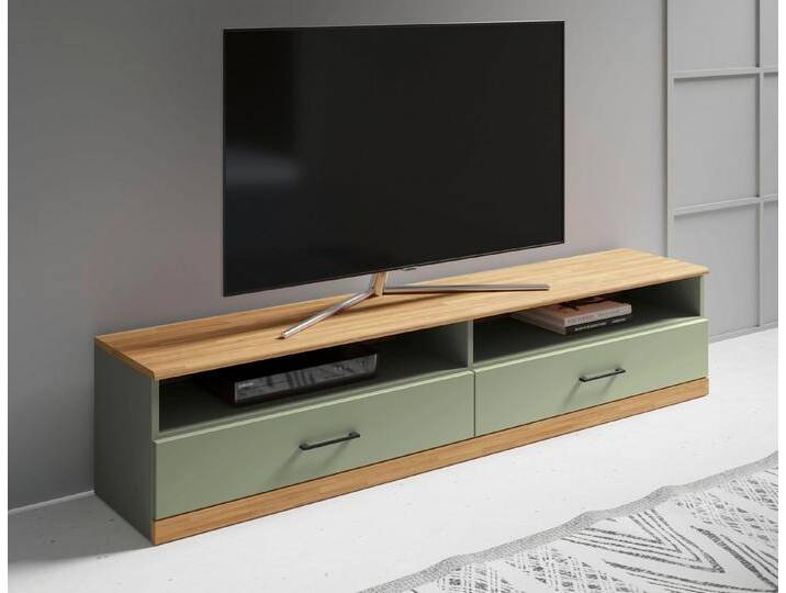 Home affaire Lowboard Ribe,140cm breit,38cm hoch mit 2 Klappen,Oberplatte aus Massivholz, Eiche massiv,Melamin in Salbeigrün,schwarze Metall Griffe von Home-affaire