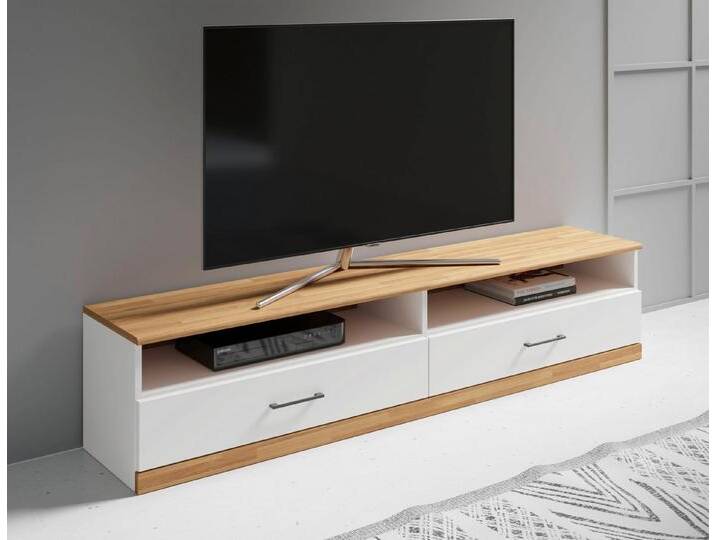 Home affaire Lowboard Ribe,140cm breit,38cm hoch mit 2 Klappen,Oberplatte aus Massivholz, Oberplatte Eiche massiv,schwarze Metall Griffe, weiß von Home-affaire