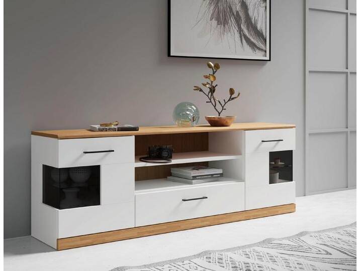 Home affaire Lowboard Ribe,160cm breit,55cm hoch,Oberplatte massiv, Oberplatte Massivholz,schwarze Metall Griffe,2 Türen mit Glaseinsatz, weiß Home affaire Lowboard Ribe,160cm breit,55cm hoch,Oberplatte massiv, Oberplatte Massivholz,schwarze Metall Griffe,2 Türen mit Glaseinsatz, weiß von Home-affaire