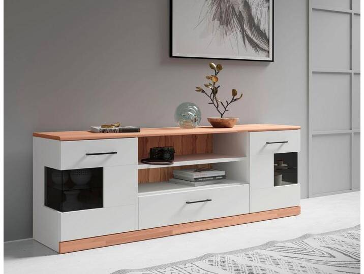 Home affaire Lowboard Ribe,160cm breit,55cm hoch,Oberplatte massiv, Oberplatte Massivholz,schwarze Metall Griffe,2 Türen mit Glaseinsatz, weiß Home affaire Lowboard Ribe,160cm breit,55cm hoch,Oberplatte massiv, Oberplatte Massivholz,schwarze Metall Griffe,2 Türen mit Glaseinsatz, weiß von Home-affaire