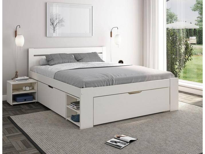 Home affaire Massivholzbett HANNES  mit Schubladen und Regalen, Nachtschrank ausziehbar, stabil, FSC®-zertifiziertes Kiefernholz, ideal für kleine Räume von Home-affaire