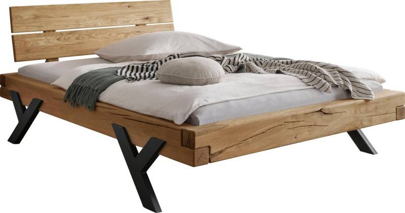 Home affaire Massivholzbett Ultima Balkenbett Doppelbett, Füße aus Metall in Y-Form (hohe Belastbarkeit: 200kg je Seite), FSC®-zertifizierte Wildeiche oder Fichte, viele Breiten zur Auswahl von Home affaire