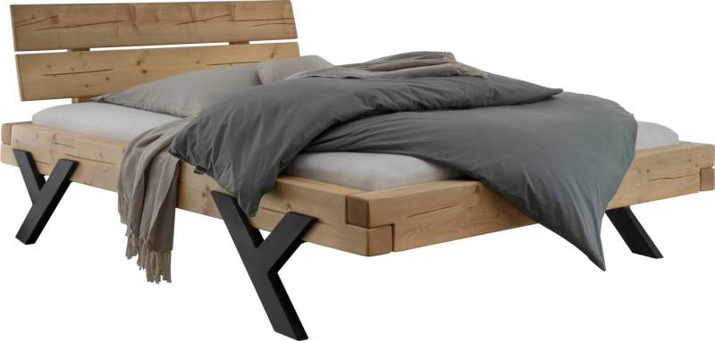 Home affaire Massivholzbett Ultima Balkenbett Doppelbett, Füße aus Metall in Y-Form (hohe Belastbarkeit: 200kg je Seite), FSC®-zertifizierte Wildeiche oder Fichte, viele Breiten zur Auswahl von Home affaire