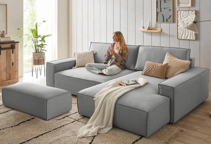 Home affaire Polsterecke NEU: SHERWOOD XXL tief, L-Form mit Schlaffunktion, Big-Sofa mit Hocker, Set 2 Teile, stellbar zum Schlafsofa (Krokodilverbinder), Cord, Leinenoptik von Home affaire