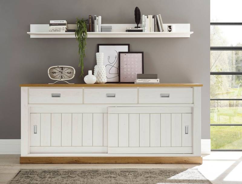 Home affaire Sideboard Orlando, moderner Schrank, Kommode im Landhausstil, 2 Schiebetüren & 3 Schubladen, silberne Griffmulden, 215 cm breit von Home affaire