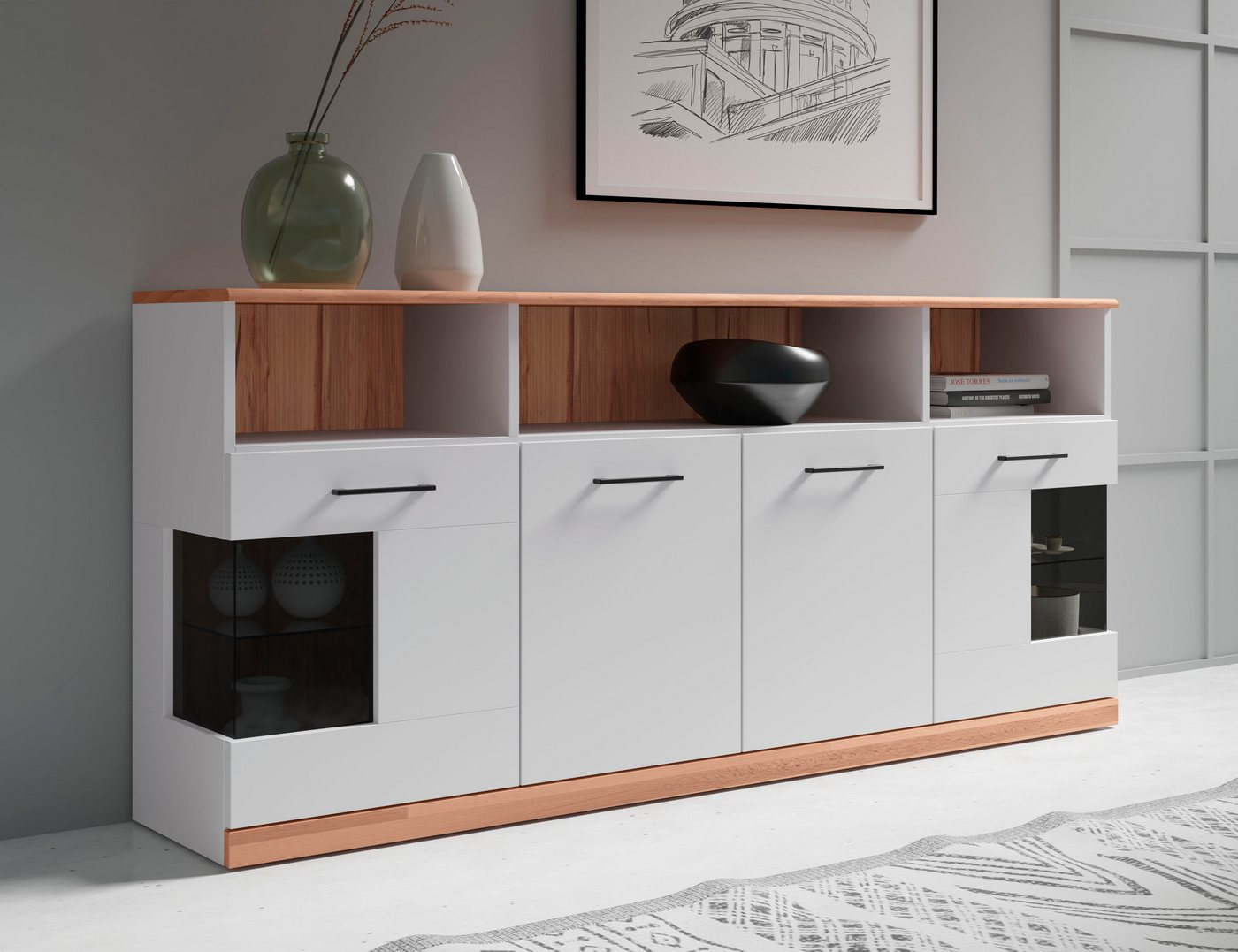 Home affaire Sideboard Ribe,180cm breit,Oberplatte aus Massivholz, 9 Fächer, Oberplatte Massivholz,schwarze Metall Griffe,2 Türen mit Glaseinsatz Home affaire Sideboard Ribe,180cm breit,Oberplatte aus Massivholz, 9 Fächer, Oberplatte Massivholz,schwarze Metall Griffe,2 Türen mit Glaseinsatz von Home affaire