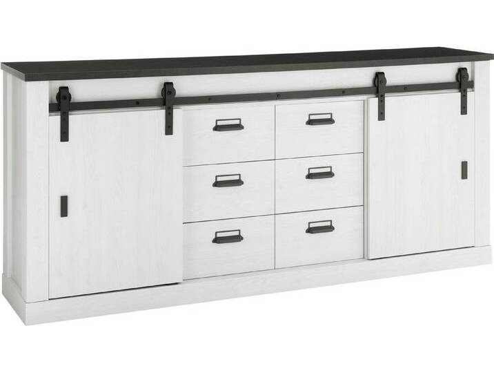 Home affaire Sideboard SHERWOOD, modernes Holz Dekor, mit Scheunentorbeschlag aus Metall, Breite 201 cm, weiß, Pinie Weiss Dekor von Home-affaire