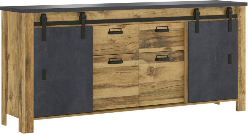 Home affaire Sideboard York, moderner Schrank, Kommode in Hunton Oak Dekor, Industrialdesign, mit Scheunentorbeschlägen & Apothekergriffen aus Metall, 201 cm breit von Home affaire