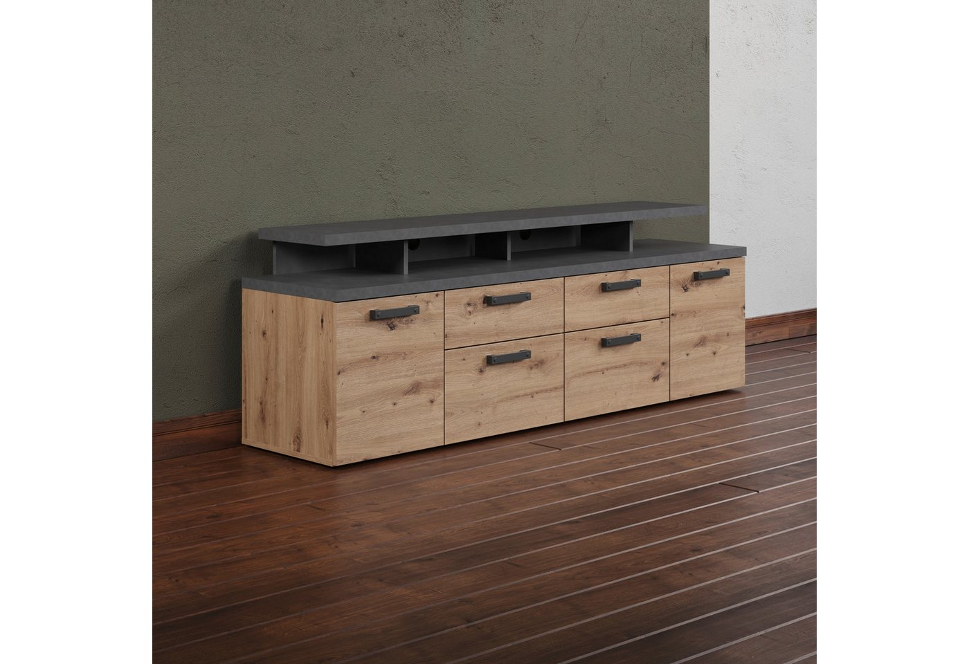 Home affaire TV-Schrank Ambres (1-St) Lowboard inklusive Aufsatz in Eiche/Grau - Mit Vollauszug-Funktion von Home affaire