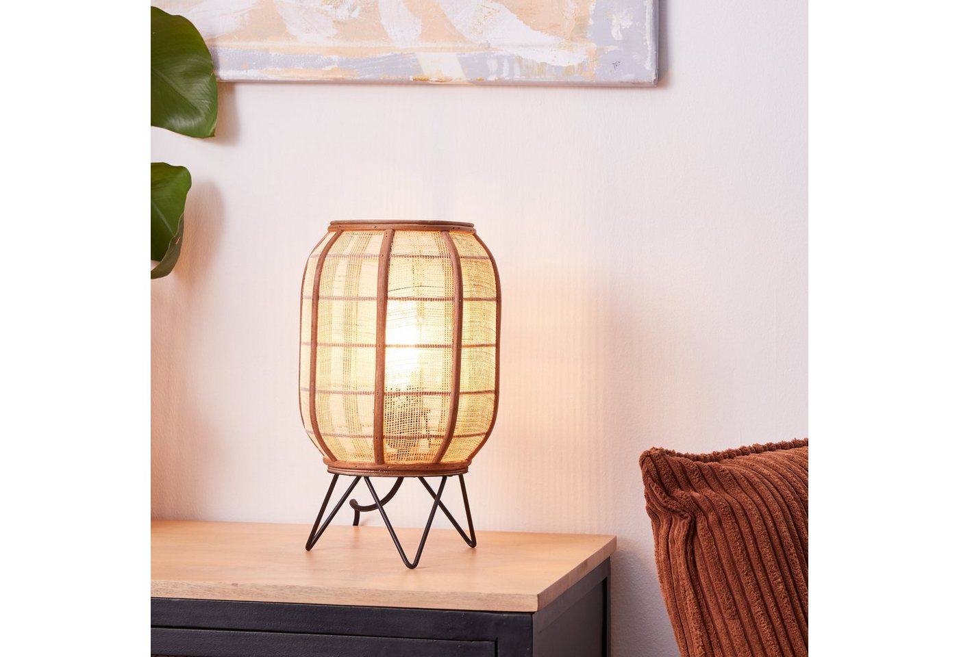 Home affaire Tischleuchte Rouez, ohne Leuchtmittel, Tischlampe im Nature Style mit 32cm Höhe, Schirm aus Textil und Holz von Home affaire