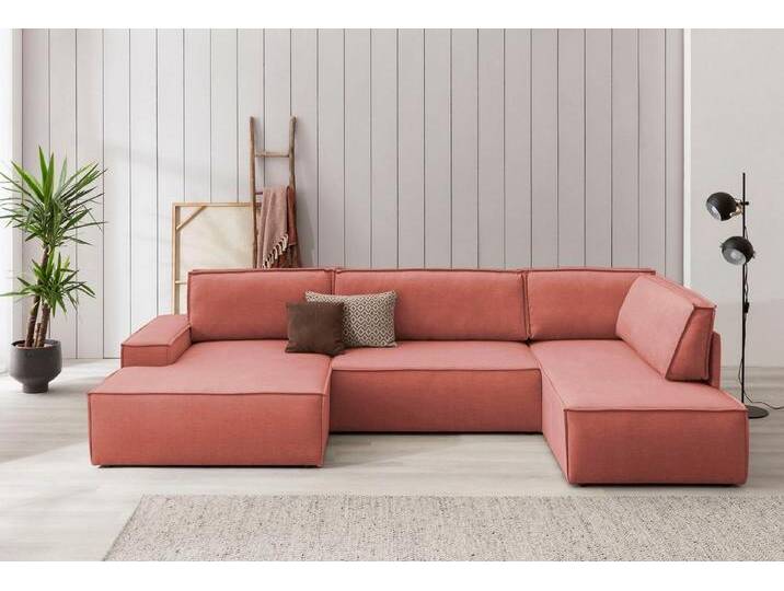 Home affaire Wohnlandschaft SHERWOOD 329 cm, U-Form, Schlafsofa, Schlaffunktion m. Bettkasten (194x139 cm), Cord, Vintage, Samtvelours, rot, coral von Home-affaire