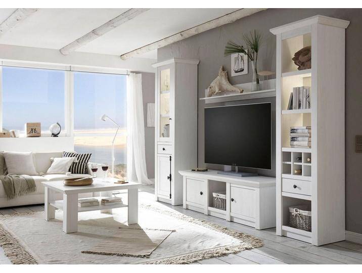 Home affaire Wohnwand California, Anbauwand im Landhausstil, Komplettset mit Metallgriffen, (4-St., Besteht aus 1 Standregal, 1 Vitrine, 1 Lowboard, 1 Wandregal), enthält Standregal, Vitrine, Lowboard und Wandregal von Home-affaire