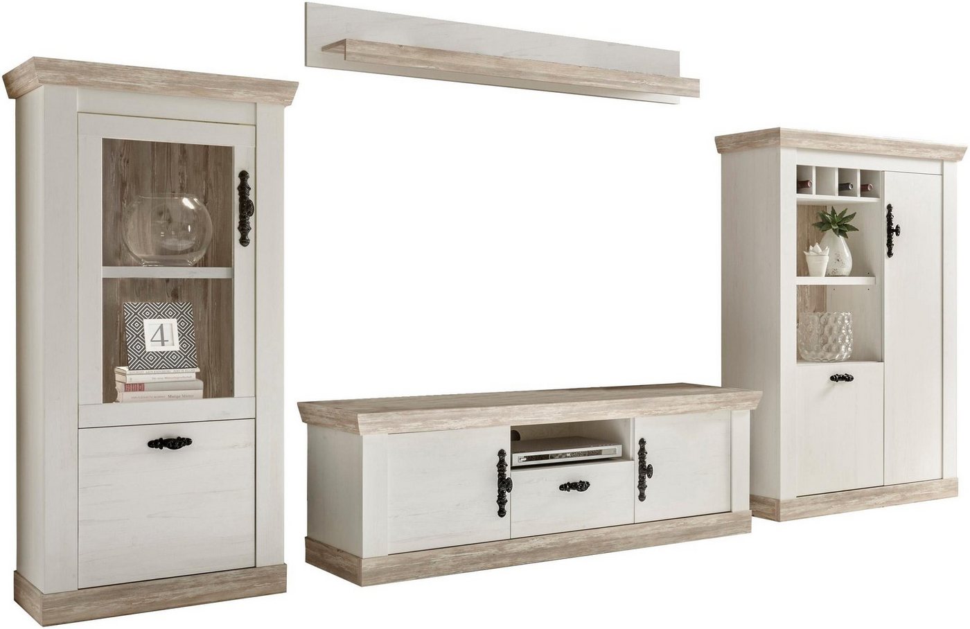 Home affaire Wohnwand Florenz, Anbauwand im Landhausstil, Komplettset mit Metallgriffen, (Set, 4-St), enthält Vitrine, Lowboard, Kommode und Wandboard, 352 cm breit von Home affaire