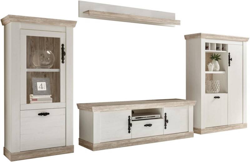 Home affaire Wohnwand Florenz, Anbauwand im Landhausstil, Komplettset mit Metallgriffen, (Set, 4-St), enthält Vitrine, Lowboard, Kommode und Wandboard, 352 cm breit von Home affaire