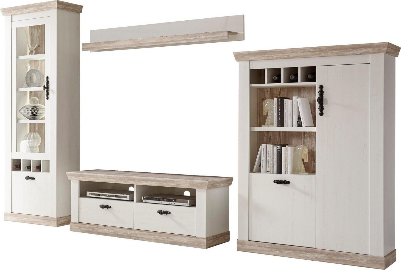 Home affaire Wohnwand Florenz, Anbauwand im Landhausstil, Komplettset mit Metallgriffen, (Set, 4-St), enthält Vitrine, Lowboard, Kommode und Wandboard, 330 cm breit von Home affaire
