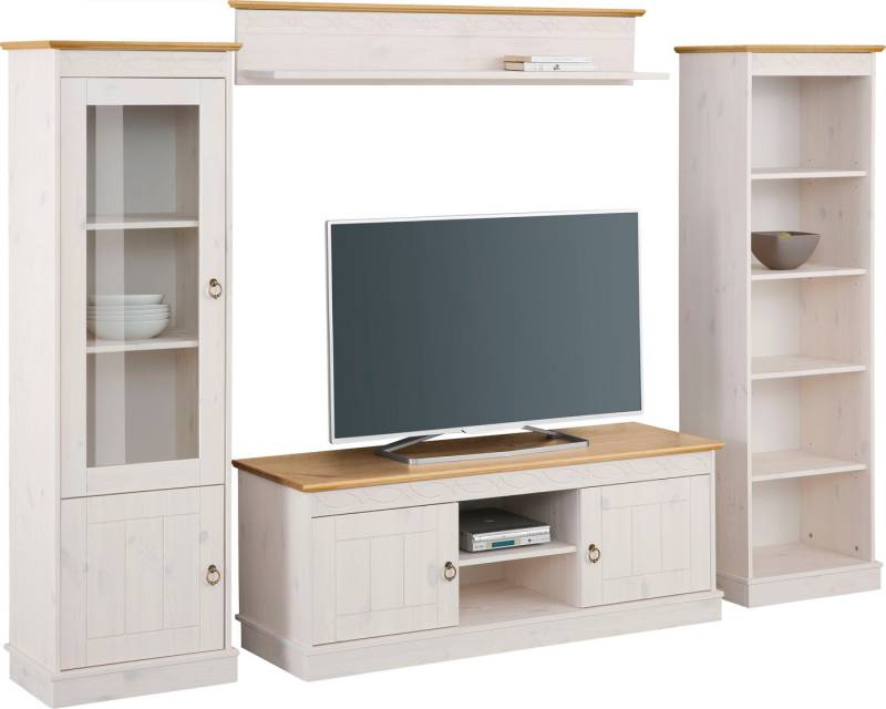 Home affaire Wohnwand Indra, (Set, 4-St), 4-teiliges Set: Vitrine, Lowboard, Wand- & Standregal, Kiefer massiv von Home affaire