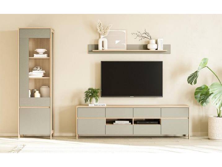 Home affaire Wohnwand Stranda, moderne Anbauwand, Komplettset im Scandi-Style, (3-St), enthält Vitrine, Lowboard und Wandboard, 270 cm breit, grün von Home-affaire