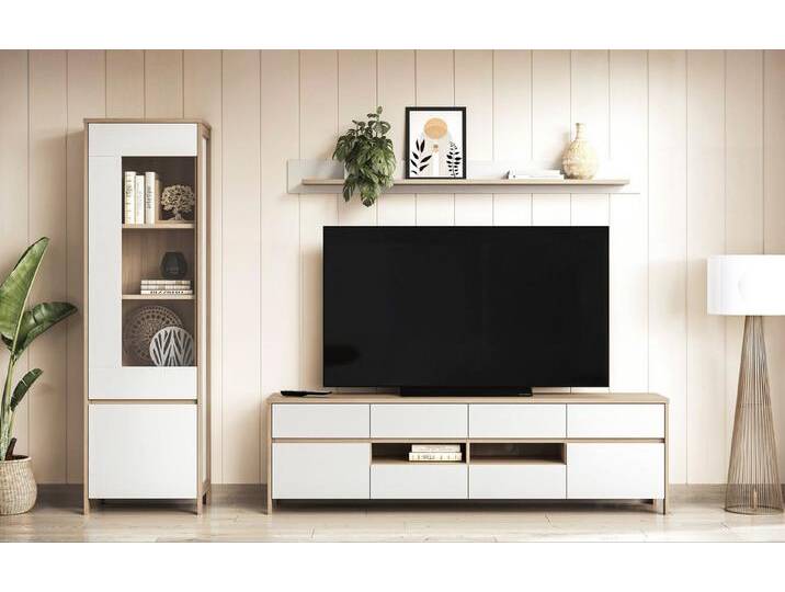 Home affaire Wohnwand Stranda, moderne Anbauwand, Komplettset im Scandi-Style, (3-St), enthält Vitrine, Lowboard und Wandboard, 270 cm breit, weiß von Home-affaire