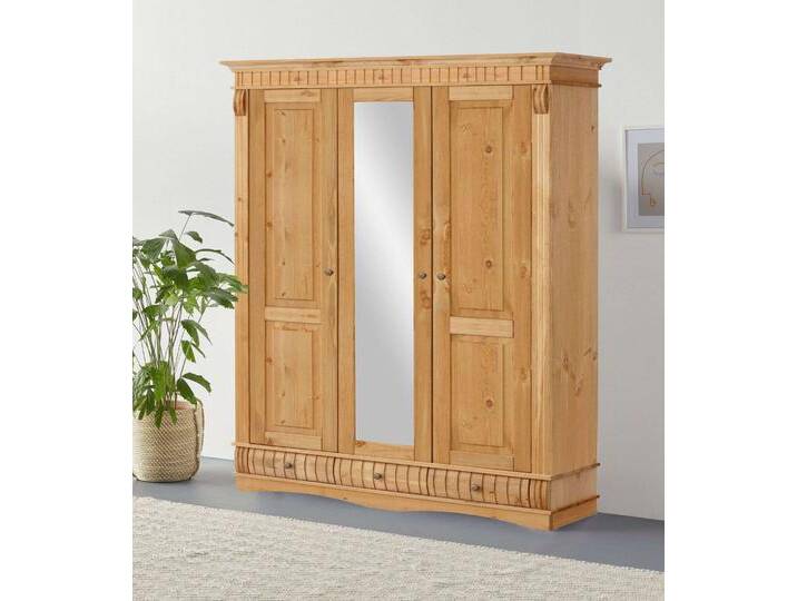 Kleiderschrank HOME AFFAIRE Teresa , natur, B:156,4cm H:193cm T:59,6cm, Massivholz, Schränke, 3 Türen, aus massiver Kiefer, Breite 152 cm, mit Spiegel, FSC von Home-affaire