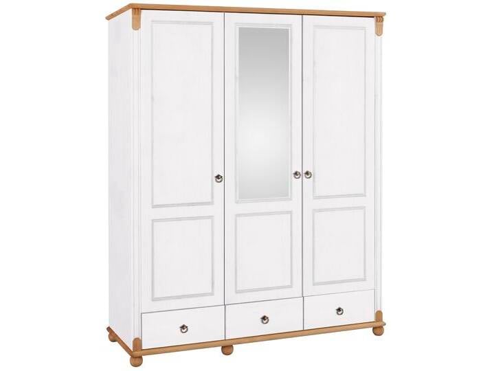 Kleiderschrank HOME AFFAIRE Tessin, Dretürenschrank, 3-türig , weiß (weiß, honig), B:152cm H:191cm T:59cm, Schränke, Breite 152 cm, Kiefer massiv, mit Spiegel und 3 Schubladen von Home-affaire