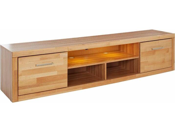 Lowboard HOME AFFAIRE Logo,200cm breit,42 cm tief, Fronten Massivholz, Kabeldurchführung , beige (kernbuche teilmassiv), B:200cm H:45cm T:42cm, Holz teilmassiv, Sideboards, Korpus Holzwerkstoff,2 Klappen, 5 Fächer, Metallgriffe von Home-affaire