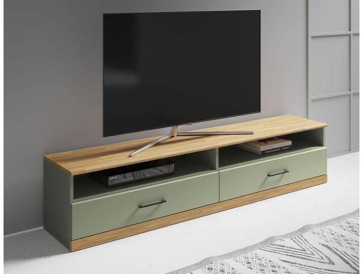 Lowboard HOME AFFAIRE Ribe,140cm breit,38cm hoch mit 2 Klappen,Oberplatte aus Massivholz , salbei, eiche, B:140cm H:38cm T:35cm, FSC-zertifizierter Holzwerkstoff, Massivholz, Sideboards, Eiche massiv,Melamin in Salbeigrün,schwarze Metall Griffe von Home-affaire