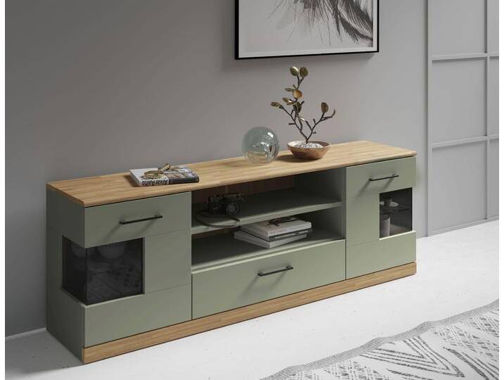 Lowboard HOME AFFAIRE Ribe,160cm breit,55cm hoch,Oberplatte Eiche massiv , salbei, eiche, B:160cm H:55cm T:35cm, FSC-zertifizierter Holzwerkstoff, Massivholz, Sideboards, Eiche massiv,Melamin in Salbeigrün,schwarze Metall Griffe von Home-affaire