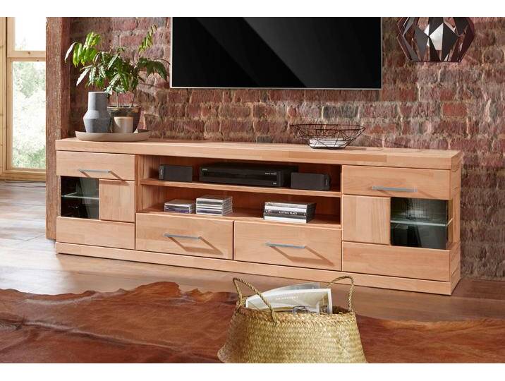 Lowboard HOME AFFAIRE Ribe,180cm breit, Fronten Massivholz,6 Fächer,Kabeldurchführung , beige (kernbuche teilmassiv), B:180cm H:55cm T:35cm, Holz teilmassiv, Sideboards, Korpus Holzwerkstoff,Glaseinsatz aus gehärtetem Glas,Böden versetzbar von Home-affaire