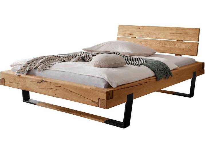 Massivholzbett HOME AFFAIRE Ultima Balkenbett Doppelbett, Füße Metallkufe mit Holzelement , braun (eiche), B:178cm H:88cm L:228cm, Betten, FSC-zertifizierte Wildeiche oder Fichte, viele Breiten zur Auswahl von Home-affaire