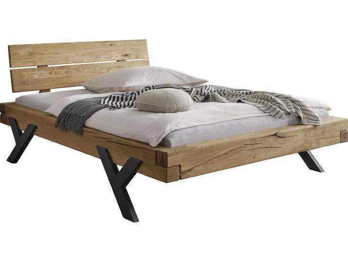 Massivholzbett HOME AFFAIRE Ultima Balkenbett Doppelbett, Füße aus Metall in Y-Form , braun (eiche), B:178cm H:88cm L:228cm, Betten, FSC-zertifizierte Wildeiche oder Fichte, viele Breiten zur Auswahl von Home-affaire