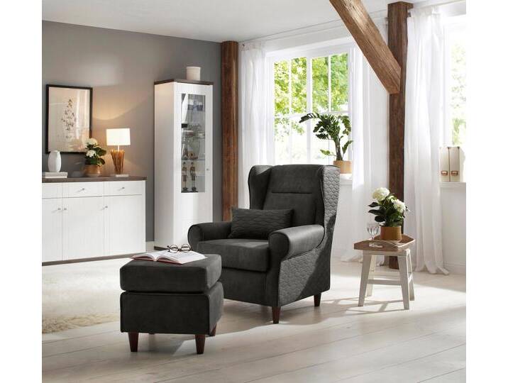 Ohrensessel HOME AFFAIRE Eric , grau (anthrazit), B:89cm H:98cm T:88cm, Luxus-Microfaser Vintageoptik (100% Polyester), Struktur Karo( 100% Polyester), Sessel, inklusive Hocker in Karostoff oder Luxusmicrofaser Vintageoptik von Home-affaire