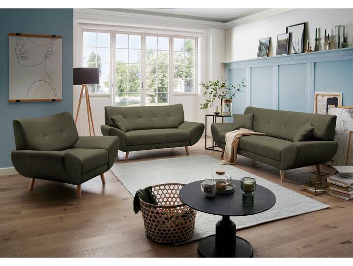 Polstergarnitur HOME AFFAIRE Basta , grün, H:80cm T:82cm, 100% PES (Polyester), Sitzmöbel-Sets, Komfortable Wellenunterfederung von Home-affaire