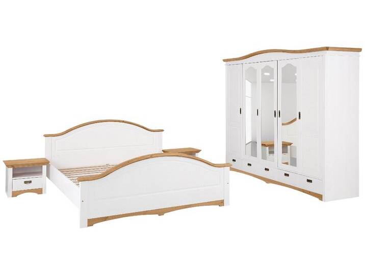 Schlafzimmer-Set HOME AFFAIRE  Konrad , komplettes Schlafzimmer mit großem Schrank , gelb (weiß, honigfarben), Schlafzimmermöbel-Sets, mit 5-trg. Kleiderschrank, Bett 180/200 cm und 2 Nachttischen von Home-affaire