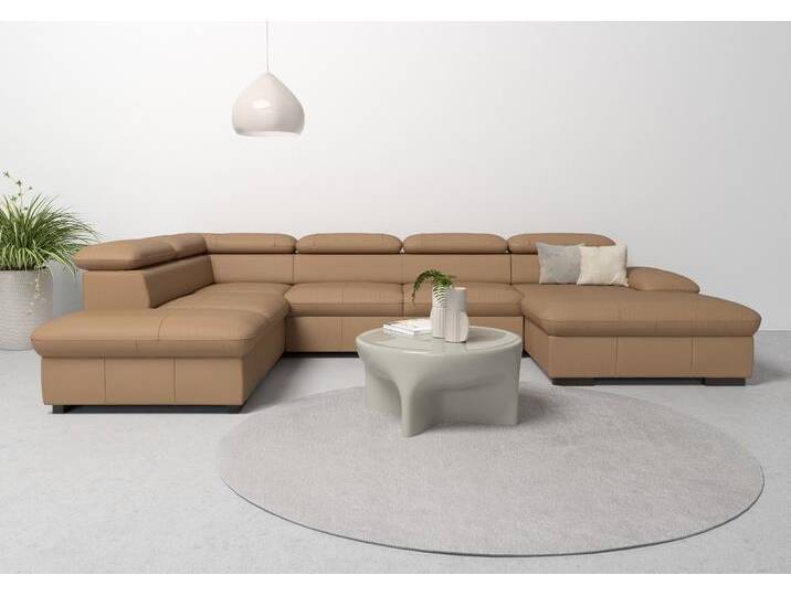 Wohnlandschaft HOME AFFAIRE Alberto U-Form , braun (cappucino), B:350cm H:73cm T:228cm, Luxus-Microfaser in Lederoptik (100% Polyester), Microfaser in Antiklederoptik (100% Polyester), Luxus-Microfaser Vintageoptik (100% Polyester), Luxus-Microfaser weich (90%Polyester 10%Polyamid), Sofas, mit Kopfteilverstellung, wahlweise mit Bettfunktion von Home-affaire