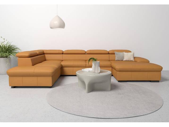 Wohnlandschaft HOME AFFAIRE Alberto U-Form , gelb (curry), B:350cm H:73cm T:228cm, Luxus-Microfaser in Lederoptik (100% Polyester), Microfaser in Antiklederoptik (100% Polyester), Luxus-Microfaser Vintageoptik (100% Polyester), Luxus-Microfaser weich (90%Polyester 10%Polyamid), Sofas, mit Kopfteilverstellung, wahlweise mit Bettfunktion von Home-affaire
