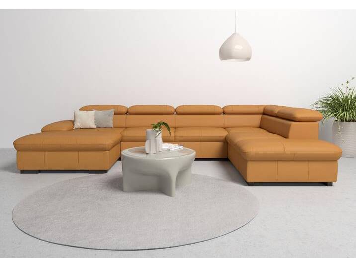 Wohnlandschaft HOME AFFAIRE Alberto U-Form , gelb (curry), B:350cm H:73cm T:228cm, Luxus-Microfaser in Lederoptik (100% Polyester);Microfaser in Antiklederoptik (100% Polyester);Luxus-Microfaser Vintageoptik (100% Polyester);Luxus-Microfaser weich (90%Polyester 10%Polyamid), Sofas, Wohnlandschaft, mit Kopfteilverstellung, wahlweise mit Bettfunktion von Home-affaire