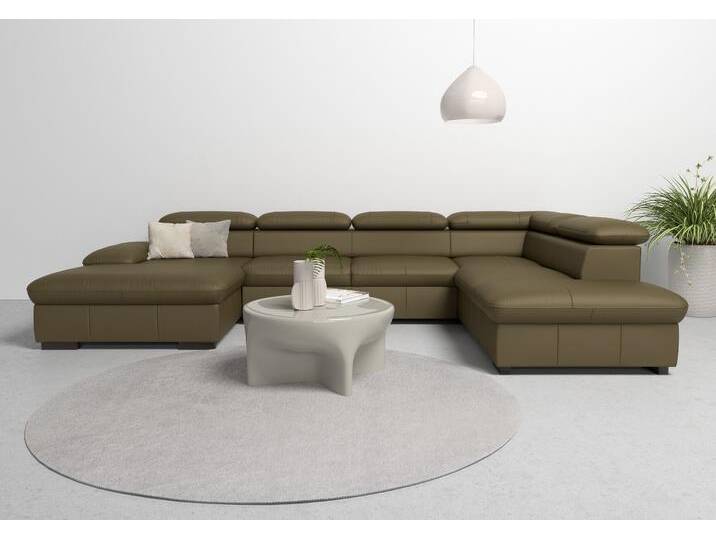 Wohnlandschaft HOME AFFAIRE Alberto U-Form , grün (olive), B:350cm H:73cm T:228cm, Luxus-Microfaser in Lederoptik (100% Polyester), Microfaser in Antiklederoptik (100% Polyester), Luxus-Microfaser Vintageoptik (100% Polyester), Luxus-Microfaser weich (90%Polyester 10%Polyamid), Sofas, mit Kopfteilverstellung, wahlweise mit Bettfunktion von Home-affaire