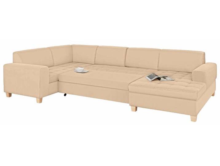 Wohnlandschaft HOME AFFAIRE Corby U-Form , beige (creme), B:333cm H:80cm T:199cm, Struktur fein (100% Polyester), Chenille (100% Polyester), NaturLEDER (echtes Rindsleder) auf Sitzfläche, Kunstleder im Korpus, Melrose (100% Polyester), Sofas, wahlweise mit Bettfunktion, Steppung auf Sitzfläche von Home-affaire