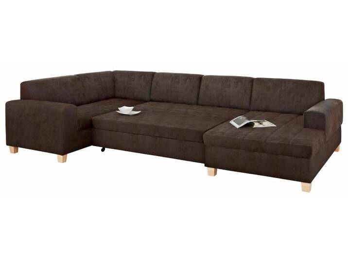 Wohnlandschaft HOME AFFAIRE Corby U-Form , braun, B:333cm H:80cm T:199cm, Struktur fein (100% Polyester), Chenille (100% Polyester), NaturLEDER (echtes Rindsleder) auf Sitzfläche, Kunstleder im Korpus, Melrose (100% Polyester), Sofas, wahlweise mit Bettfunktion, Steppung auf Sitzfläche von Home-affaire